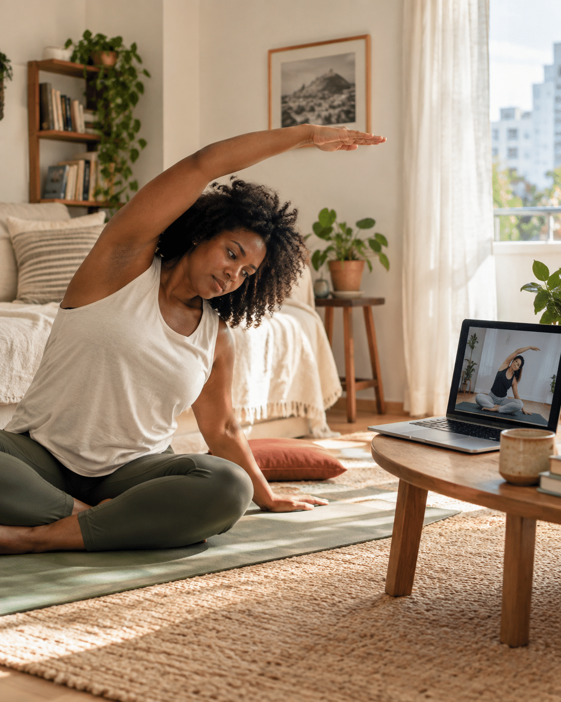 Mulher pratica uma postura de Hatha Yoga em casa enquanto acompanha uma aula on line.