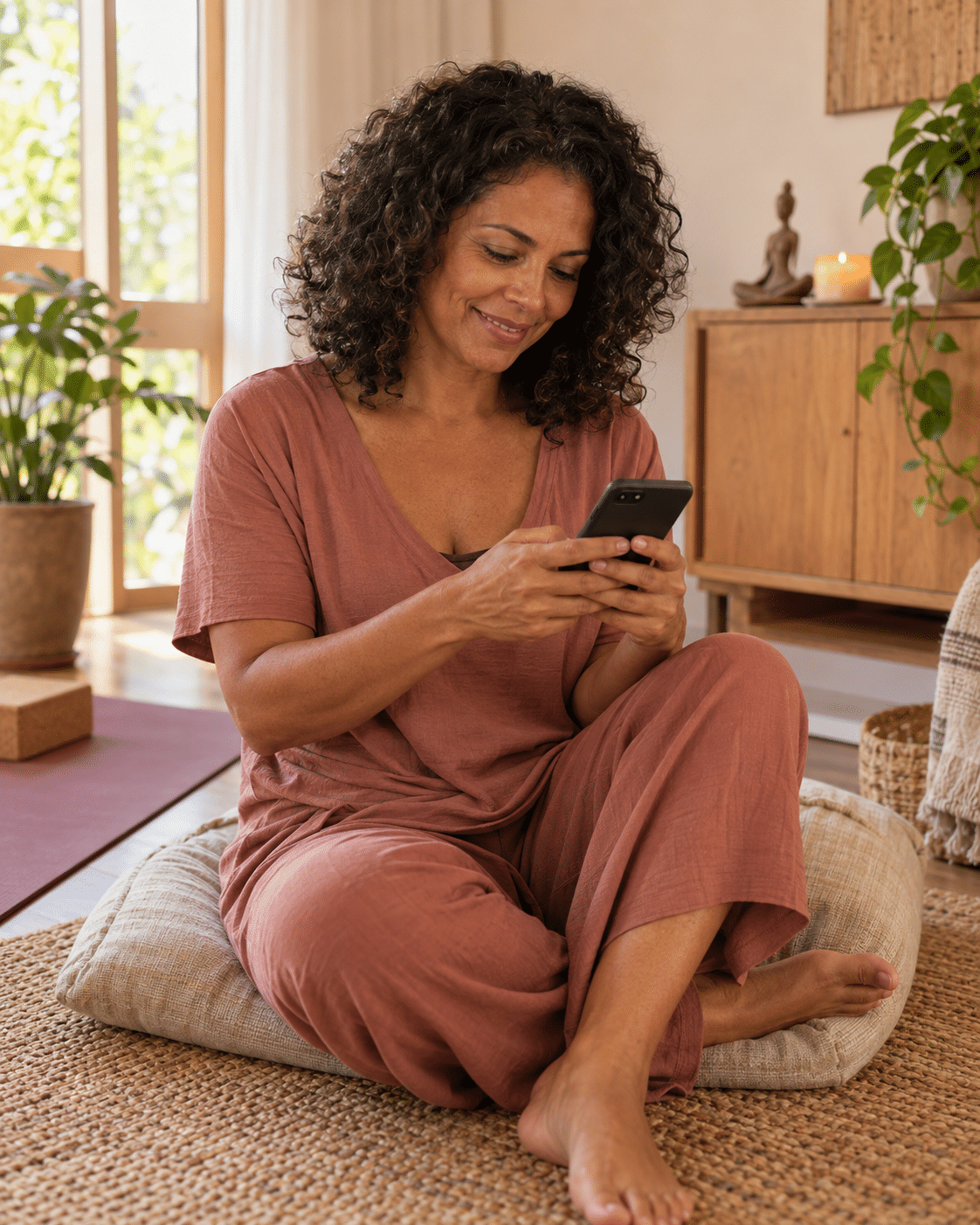 Mulher consulta o celular em um ambiente acolhedor após a prática de Yoga.